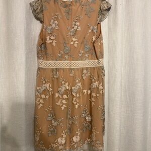 Wayf Tan and Gray lace Pleated Sundress with Flutter Sleeves